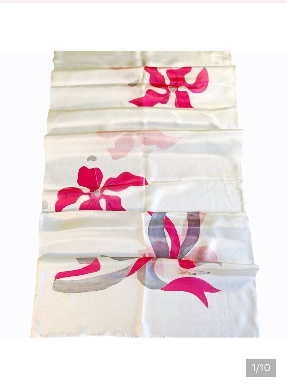 Christian Dior White Silk Scarf with Pink Floral Motif - Perfect Size!
